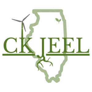 CK Jeel Logo: a pale green map of IL with the title overlayed with a wind turbine and roots overlayed on the K and J