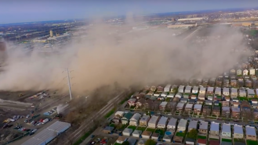 A drone video showed how the dust cloud spread from the Crawford demolition site and descended onto Little Village homes. (Alejandro Reyes/YouTube)